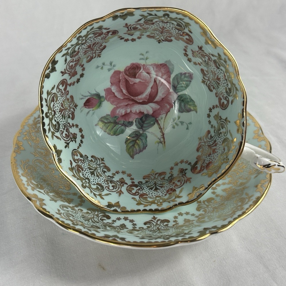 Paragon Teacup Saucer A2295 Pink Cabbage Rose Turquoise Heavy Gold Filigree 1940